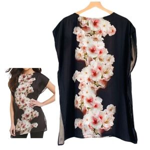 Bryn Walker Dylan Tunic Black and Pink Cherri Blossom Print Top Small Large